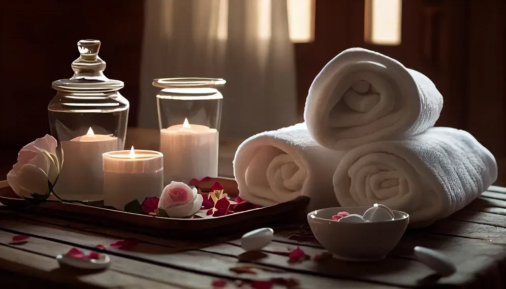 Rolled towels and lit candles in spa