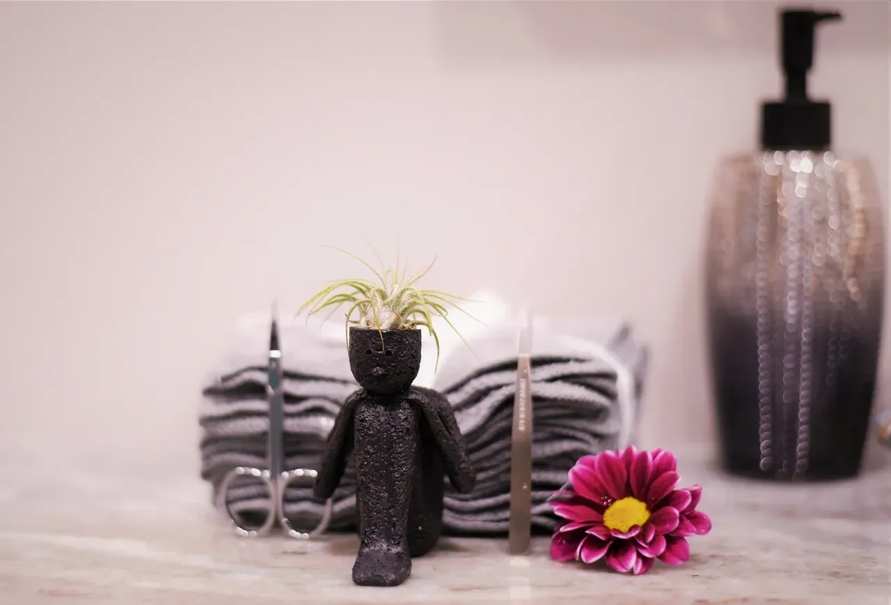 Plant in figure-shaped pot with flower