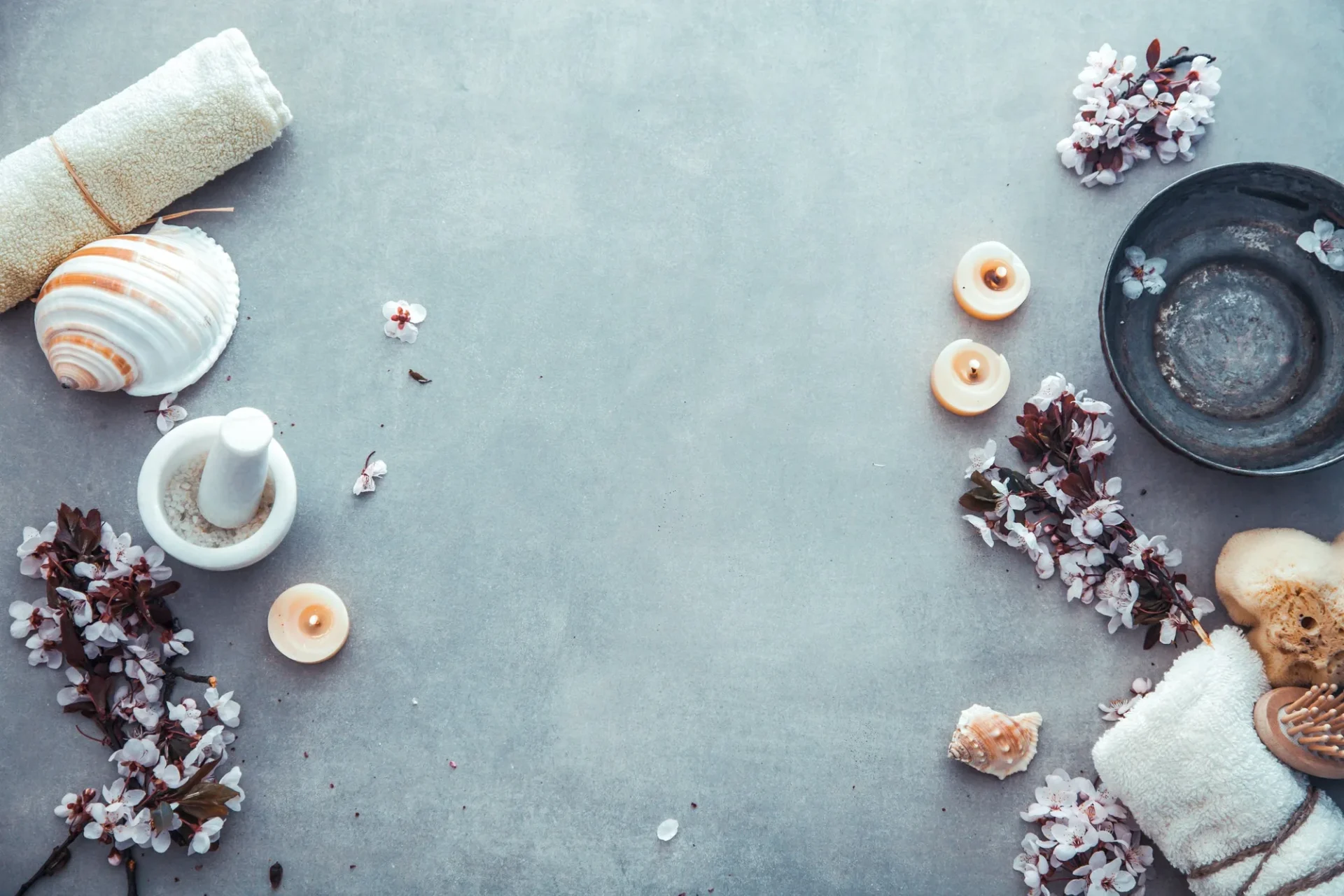 Relaxing spa setting with blossoms